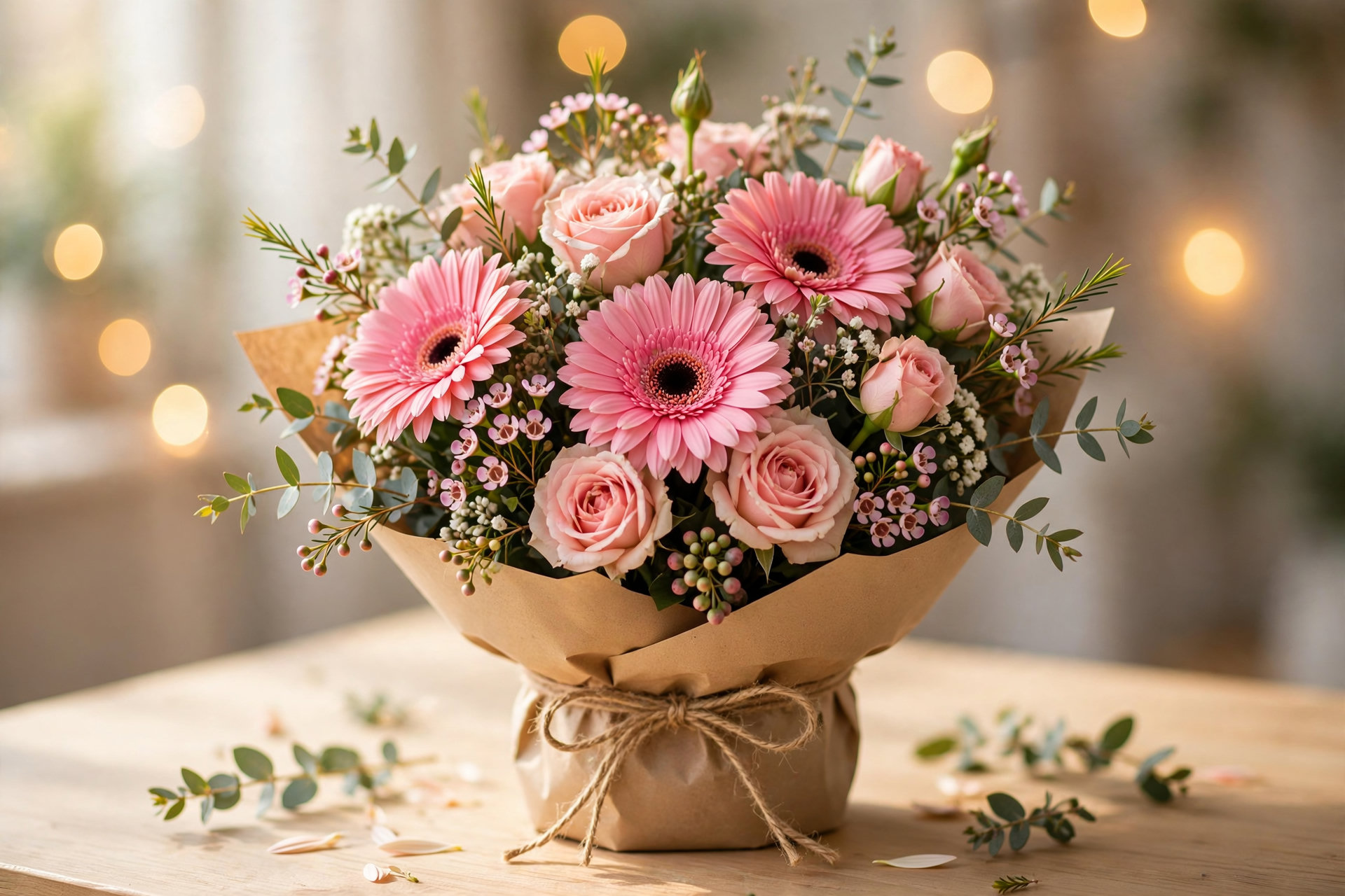 Kraft kâğıda sarılı, pembe gerbera ve güllerden oluşan doğum günü buketi