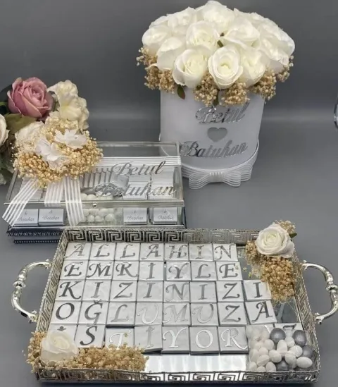 İsteme Çiçeği ve Tepsi, Kutuda Söz Çikolatası 3'lü Set (8966)