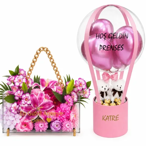 Pembe Çikolatalı Ayıcıklı Balon Kutusu & Premium Lüx Zincirli Çantada Kalıcı Pembe Çiçekler