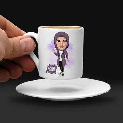 Başörtülü Sevgiliye Hediye Karikatürlü Kahve Fincanı