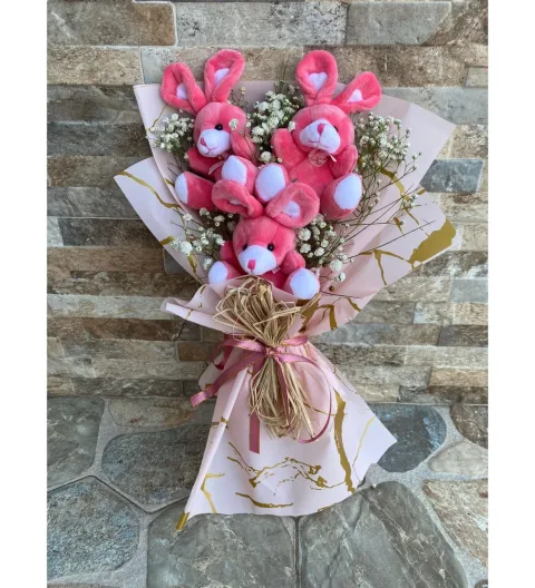3 Lü Koyu Pembe Peluş Oyuncak Buketi