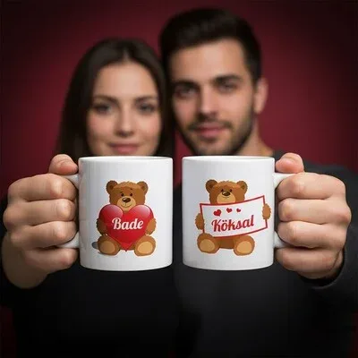 İsme Özel Ayıcıklı 2'li Kupa Bardak Seti