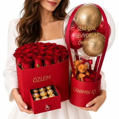 Sevgiliye Lüx Hediye - Love Bomb Kalpli Çekmeceli Kutuda Canlı Güller & Kırmızı Balon Kutusu