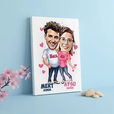 Mutlu Aşıklar Karikatürlü Kanvas Tablo