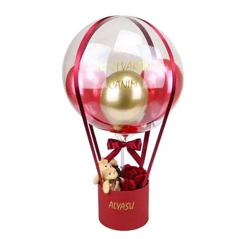 Sevgiliye Balon Kutusu - Kırmızı Islak Güller & Sevimli Ayıcıklar - Kırmızı & Gold Tonlar | Kişiye Özel