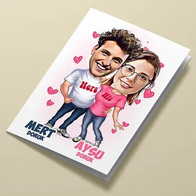 Romantik Mutlu Aşıklar Karikatürlü Tebrik Kartı