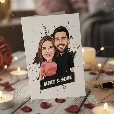 Birbirine Aşık Sevgililer Karikatürlü Tebrik Kartı