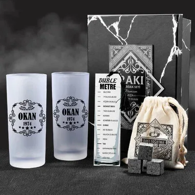 Doğum Tarihli Kişiye Özel İkili Rakı Kadehi Seti Hediye Kutusu