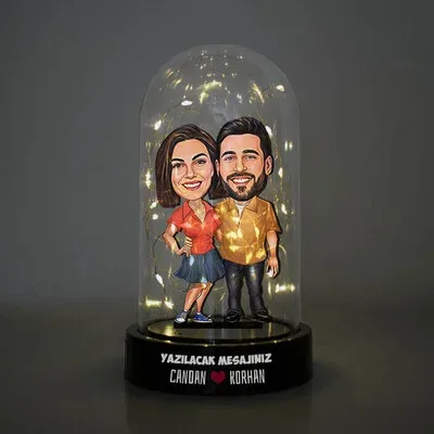 Her Zaman Aşkla Karikatürlü Işıklı Fanus Biblo