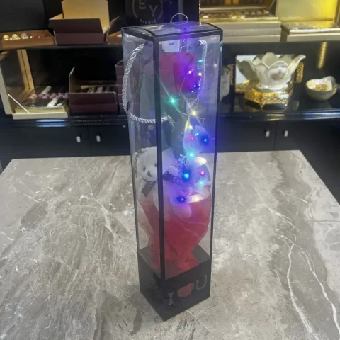 Love Işıklı Kırmızı Gül, Peluş Ayıcık Aranjmanı