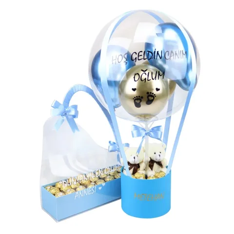 Yenidoğan Hediyesi - Mavi Balon Kutusu & Çantada Çikolata Set | Kişiselleştirilebilir Hediye