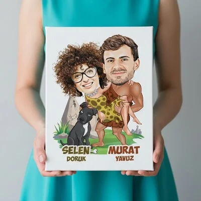 İlkel Aşıklar Karikatürlü Kanvas Tablo