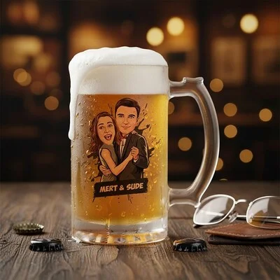 Dans Eden Çiftler Karikatürlü Bira Bardağı