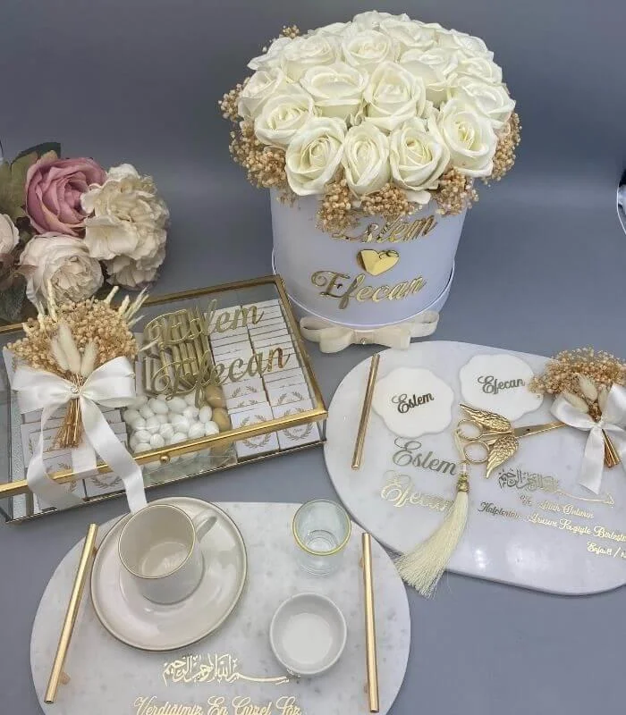 Nişan Çiçek, Çikolata, Tepsi 4'lü Set (8972)