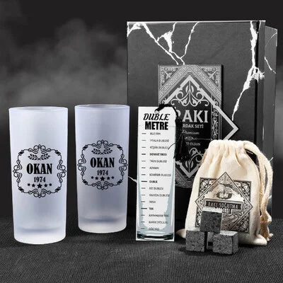 Doğum Tarihli Kişiye Özel İkili Rakı Kadehi Seti Hediye Kutusu