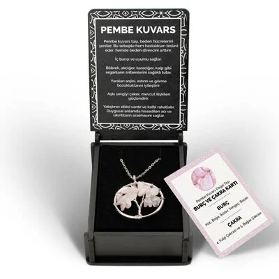 İsme Özel Kutulu Kuvars Taşı Pembe Ağaç Kolye