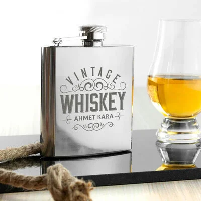 Vintage İsme Özel Çelik İçki Matarası 6 Oz Gümüş