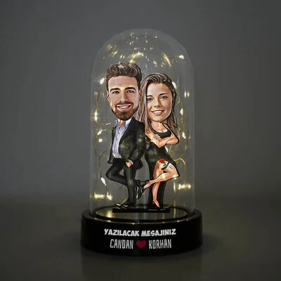 Yakışan Güzel Çiftler Karikatürlü Işıklı Fanus Biblo