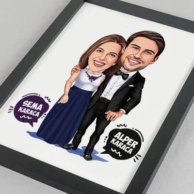 Nişanlı Çiftler Karikatürlü Resim Çerçevesi