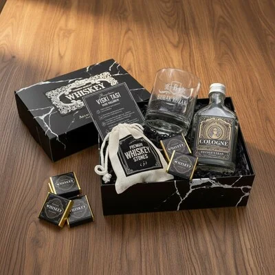 İsim Yazılı Viski Bardağı ve Kolonya Hediyelik Set